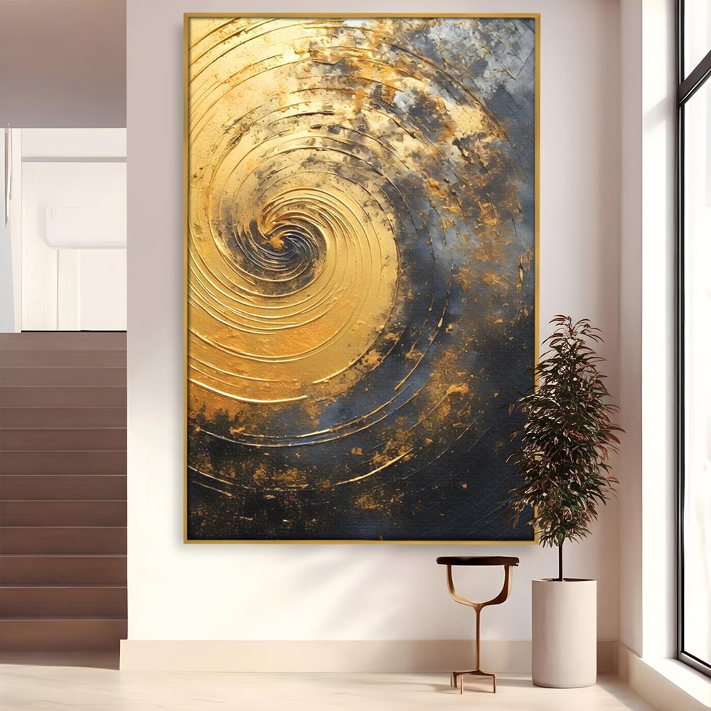 Tablou canvas cu pictura abstracta cu spirala aurie, in rama de aluminiu auriu